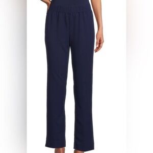 Ming Wang Deco Crepe Pull-On Pants 2X Navy Blue Stretch Slit Hem Travel NWOT